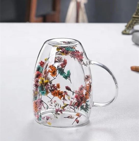 Double-Walled Glass Coffee Cup with Preserved Floating Flowers | Aesthetic Tea & Coffee Mug