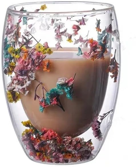 Double-Walled Glass Coffee Cup with Preserved Floating Flowers | Aesthetic Tea & Coffee Mug