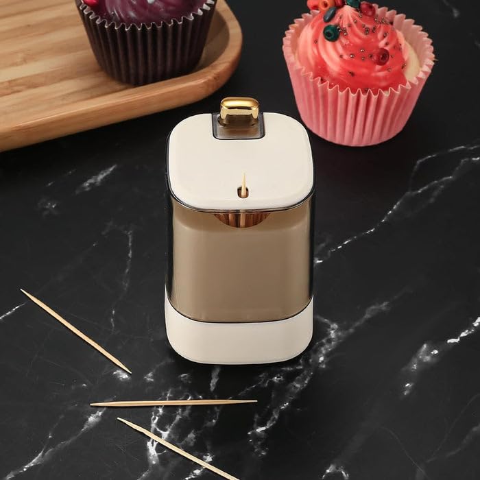 Automatic Toothpick Holder Dispenser with Clear Lid Beige | Sleek, Hygienic Design for Home, Kitchen, and Restaurants