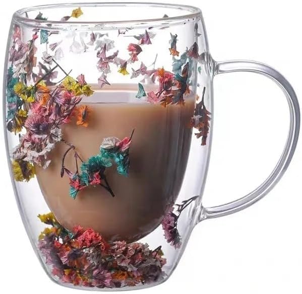 Double-Walled Glass Coffee Cup with Preserved Floating Flowers | Aesthetic Tea & Coffee Mug