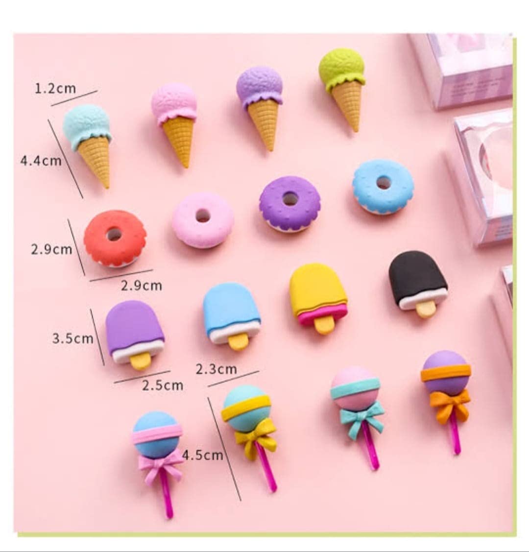 Pack of 4 Dessert Erasers Set | Lollipop, Ice Cream, Popsicle, Donut Shaped Erasers | Fun Stationery for Kids & Adults | Perfect for Return Gifts & Party Favors (16 pcs)