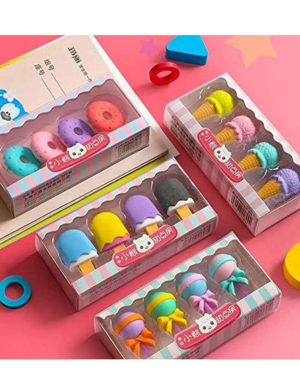 Pack of 4 Dessert Erasers Set | Lollipop, Ice Cream, Popsicle, Donut Shaped Erasers | Fun Stationery for Kids & Adults | Perfect for Return Gifts & Party Favors (16 pcs)