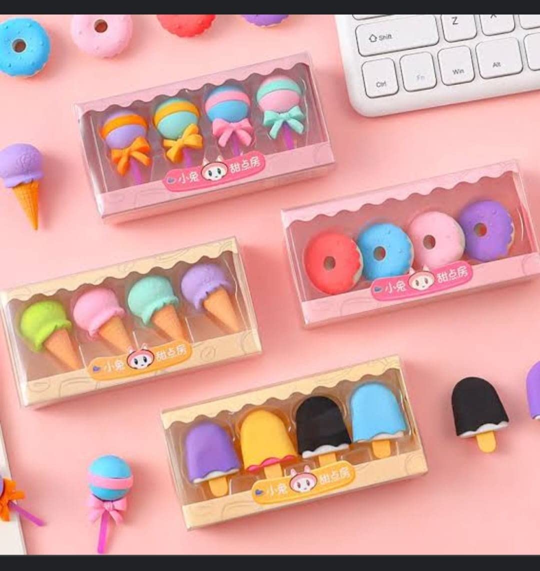 Pack of 4 Dessert Erasers Set | Lollipop, Ice Cream, Popsicle, Donut Shaped Erasers | Fun Stationery for Kids & Adults | Perfect for Return Gifts & Party Favors (16 pcs)