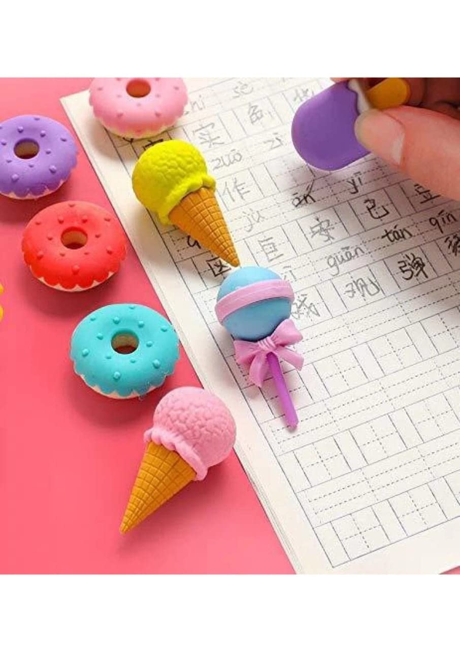 Pack of 4 Dessert Erasers Set | Lollipop, Ice Cream, Popsicle, Donut Shaped Erasers | Fun Stationery for Kids & Adults | Perfect for Return Gifts & Party Favors (16 pcs)