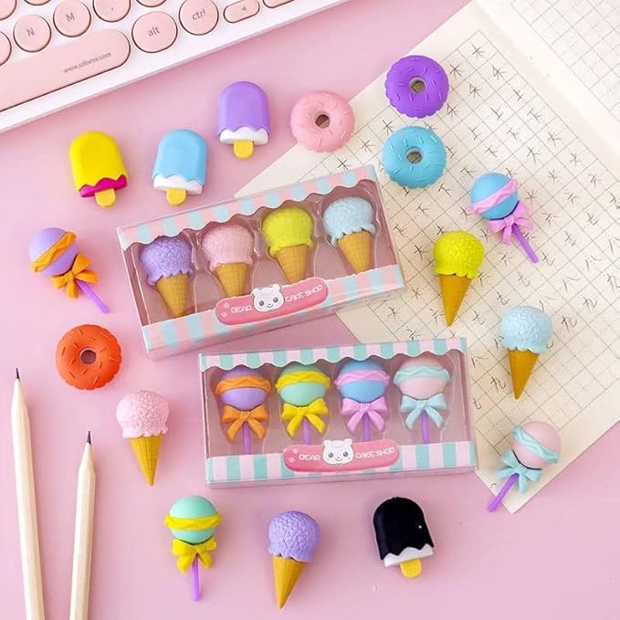 Pack of 4 Dessert Erasers Set | Lollipop, Ice Cream, Popsicle, Donut Shaped Erasers | Fun Stationery for Kids & Adults | Perfect for Return Gifts & Party Favors (16 pcs)