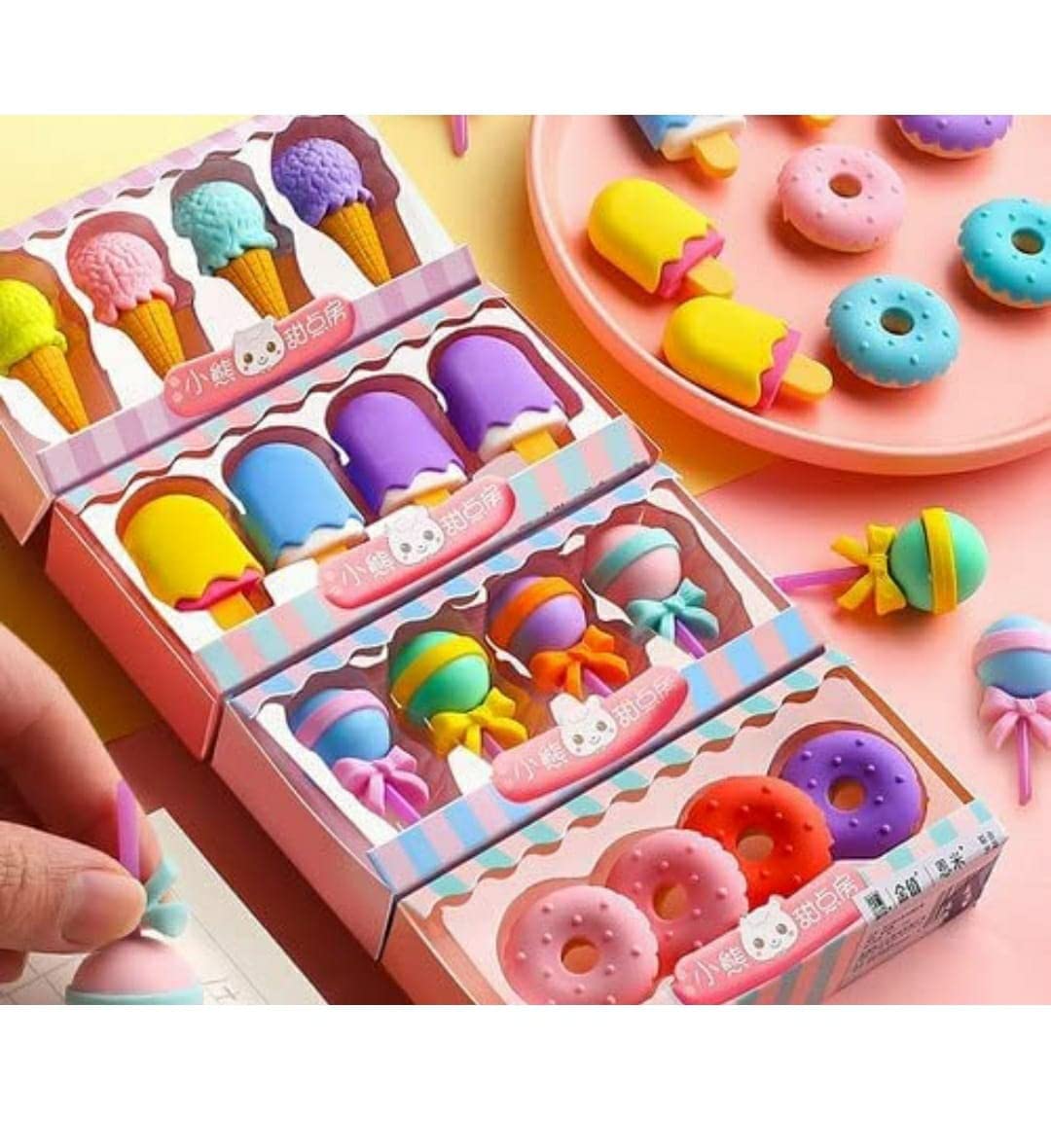 Pack of 4 Dessert Erasers Set | Lollipop, Ice Cream, Popsicle, Donut Shaped Erasers | Fun Stationery for Kids & Adults | Perfect for Return Gifts & Party Favors (16 pcs)