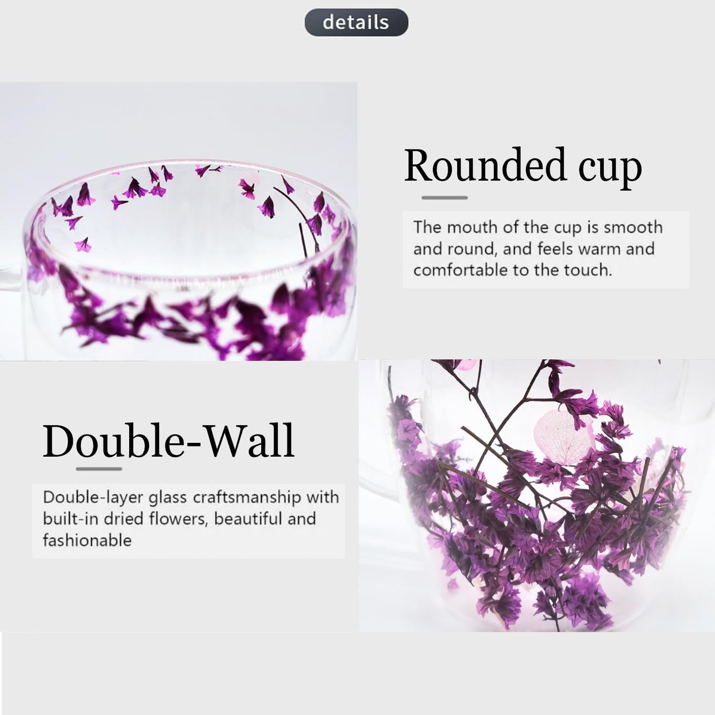 Double-Walled Glass Coffee Cup with Preserved Floating Flowers | Aesthetic Tea & Coffee Mug