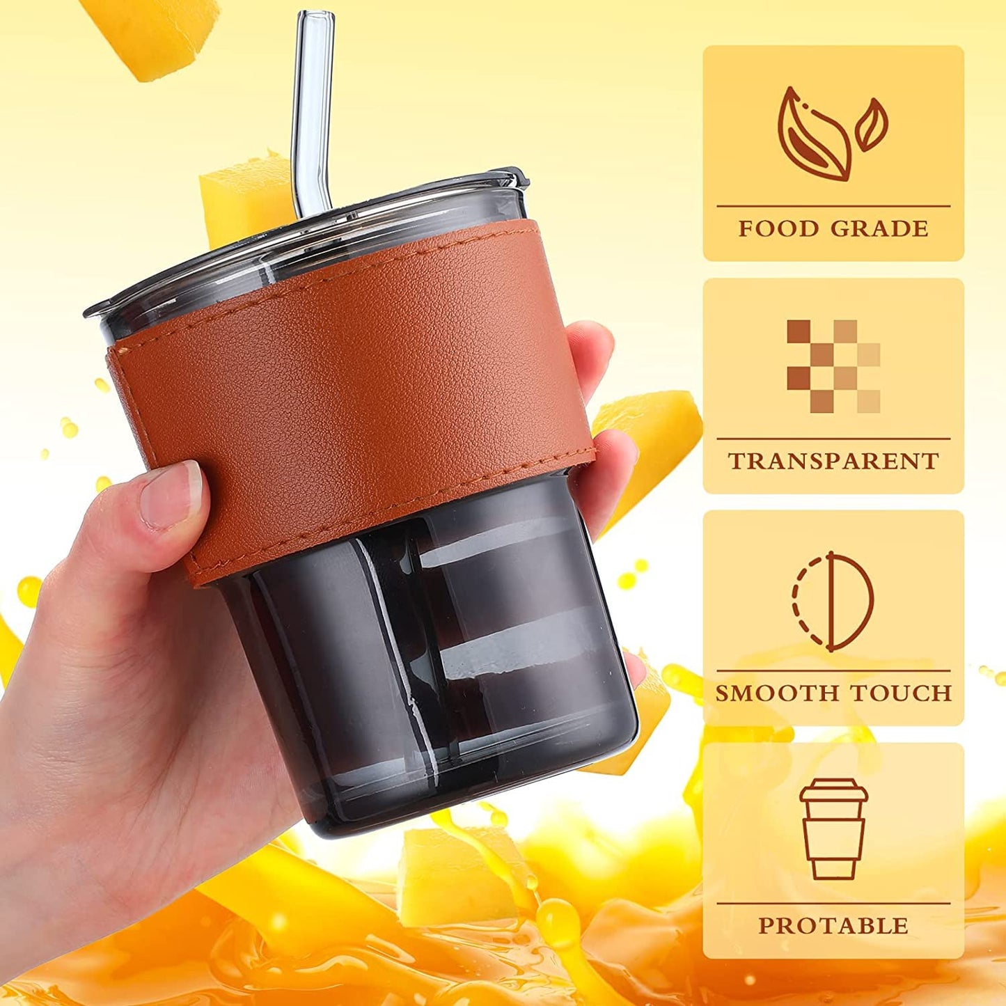 Glass Coffee Mug with Leather Sleeve, Silicone Lid & Clear Glass Straw, 400ml