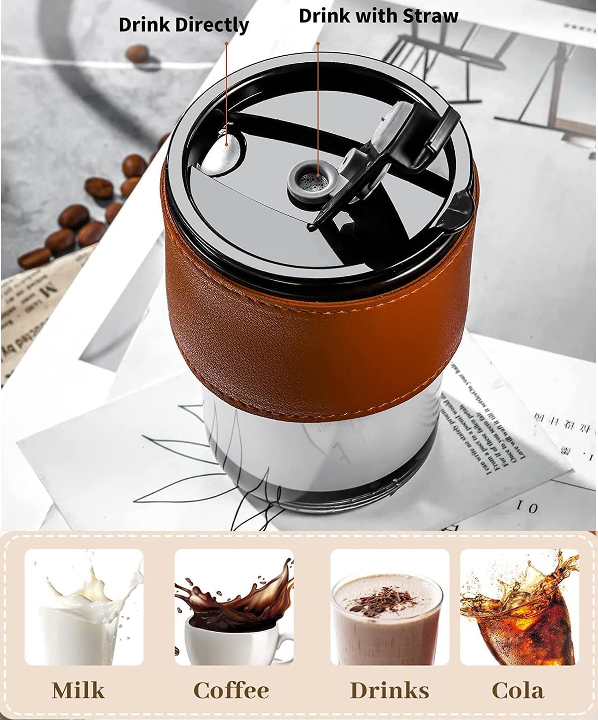 Glass Coffee Mug with Leather Sleeve, Silicone Lid & Clear Glass Straw, 400ml