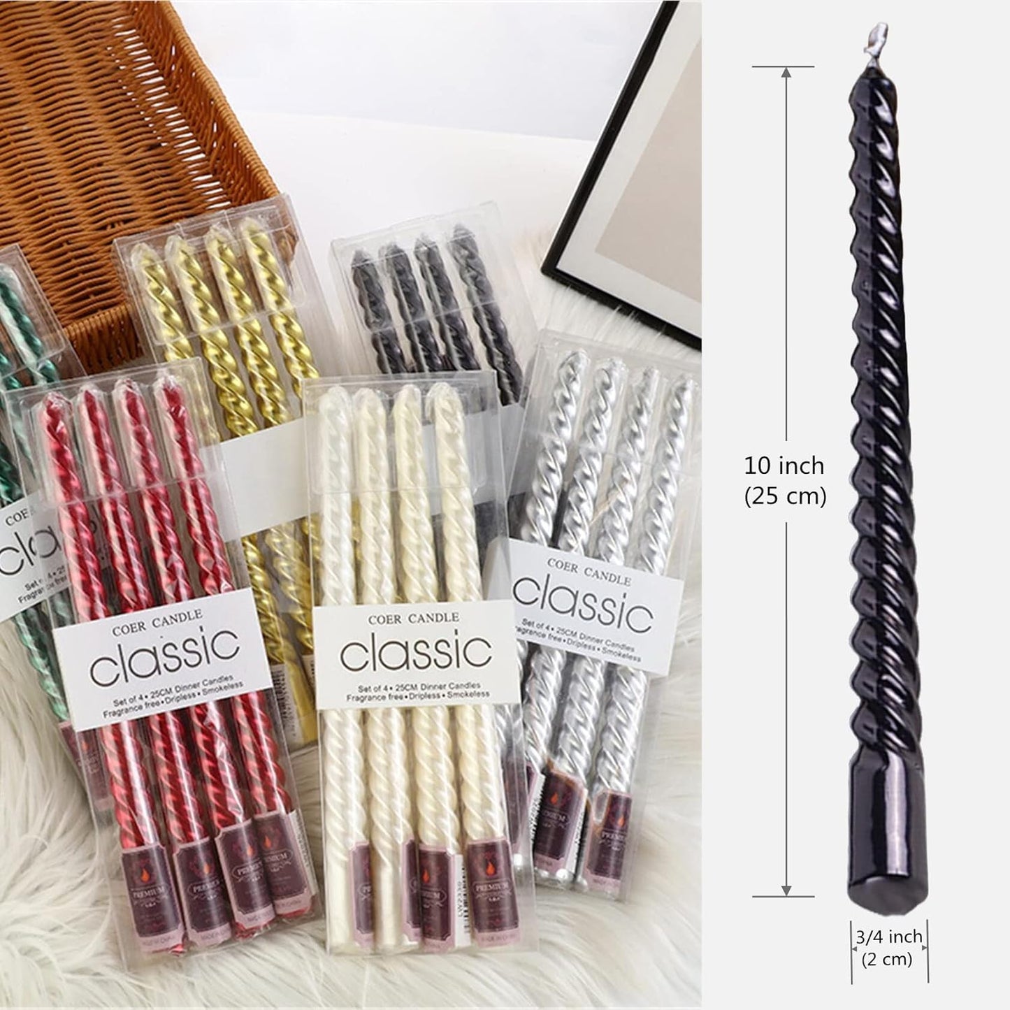 Set of 4 Metallic Spiral/Hexagonal Lacquer Taper Candles – 10 Inch, Dripless, Smokeless, Unscented – Perfect for Dinner, Weddings, Parties, Gifting, etc.