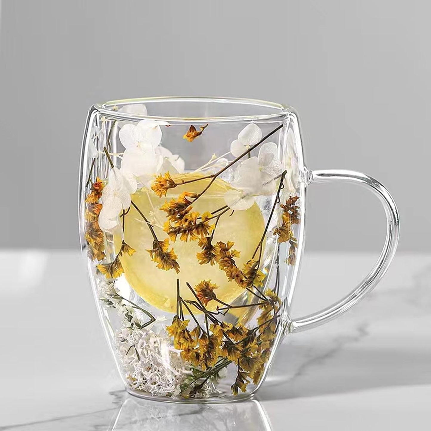 Double-Walled Glass Coffee Cup with Preserved Floating Flowers | Aesthetic Tea & Coffee Mug