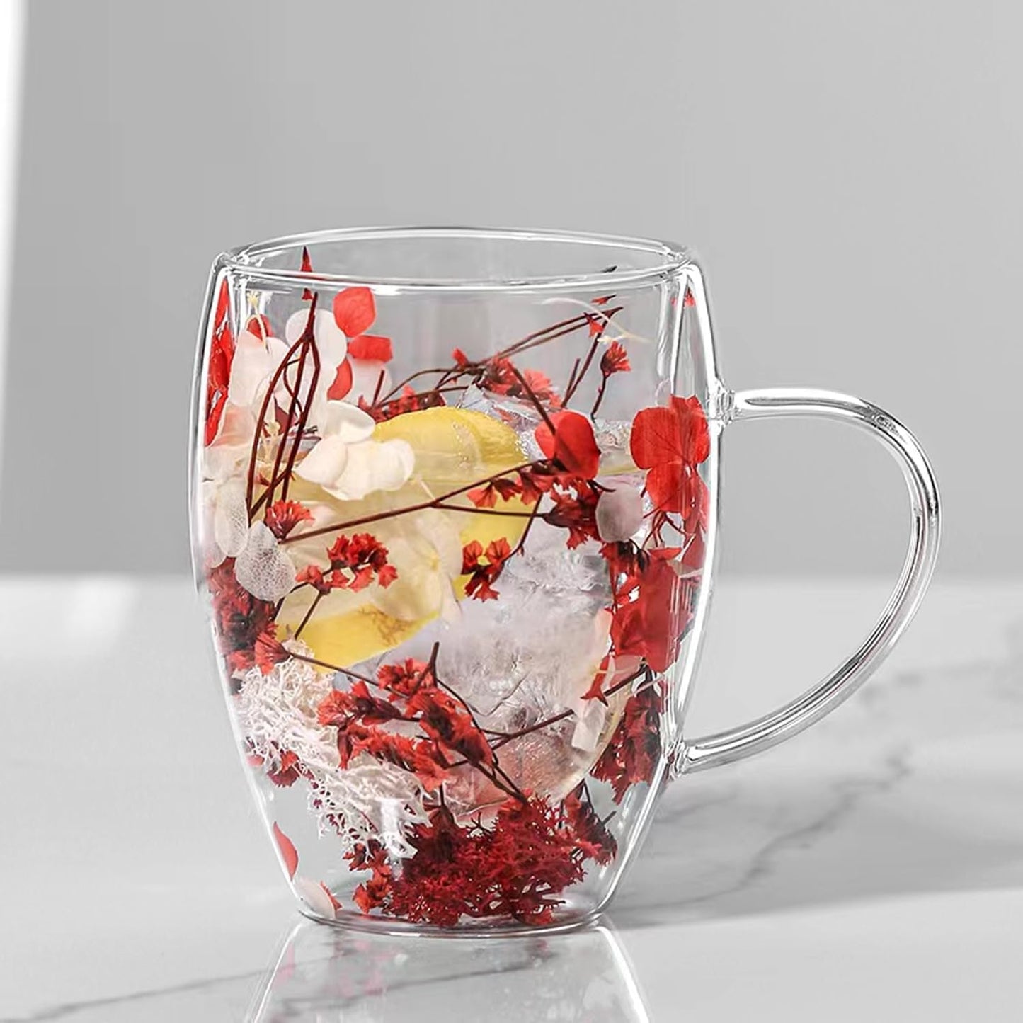 Double-Walled Glass Coffee Cup with Preserved Floating Flowers | Aesthetic Tea & Coffee Mug