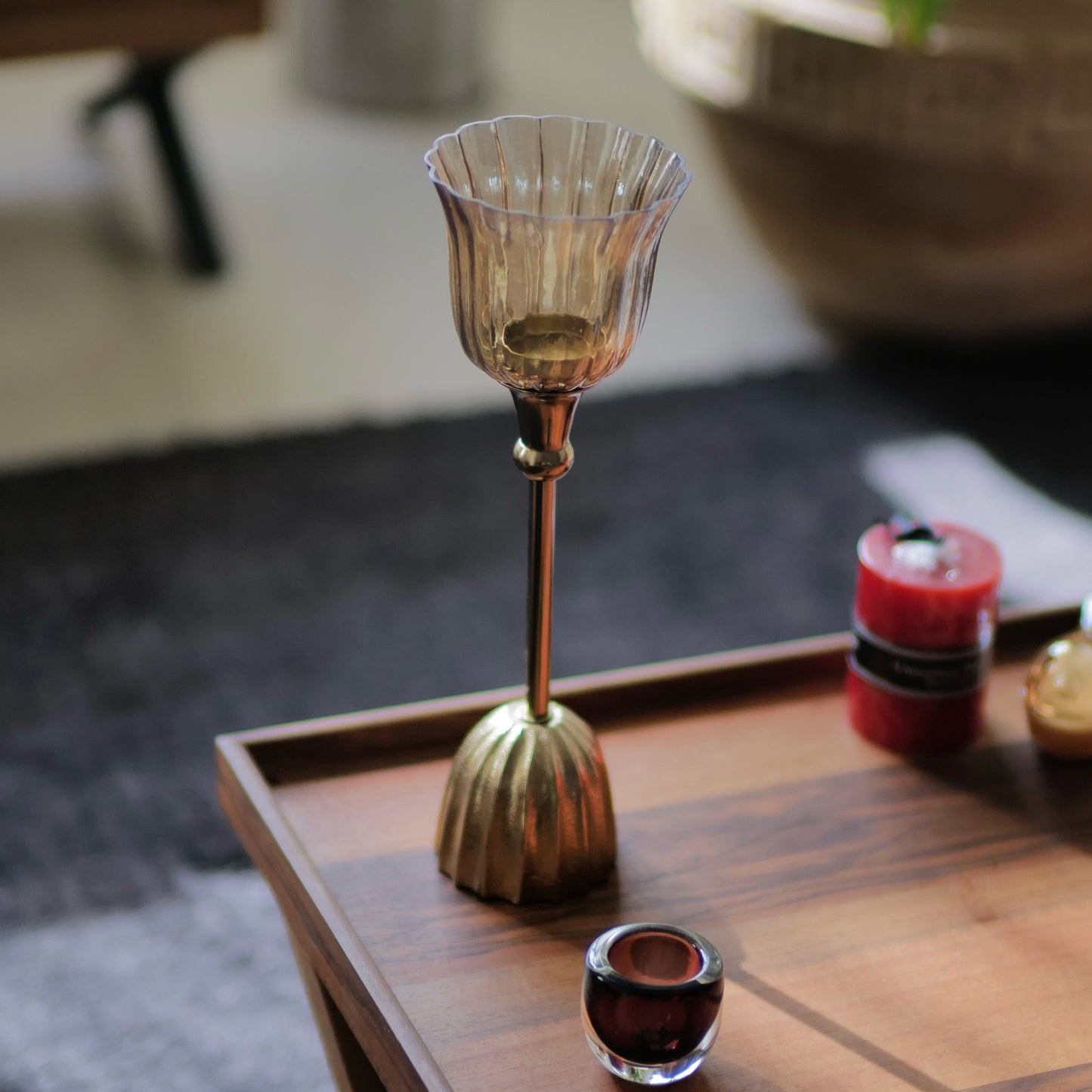 Amber Ribbed Tulip Glass Candle Holder with Gold Stand (Upside-down Tulip Base)