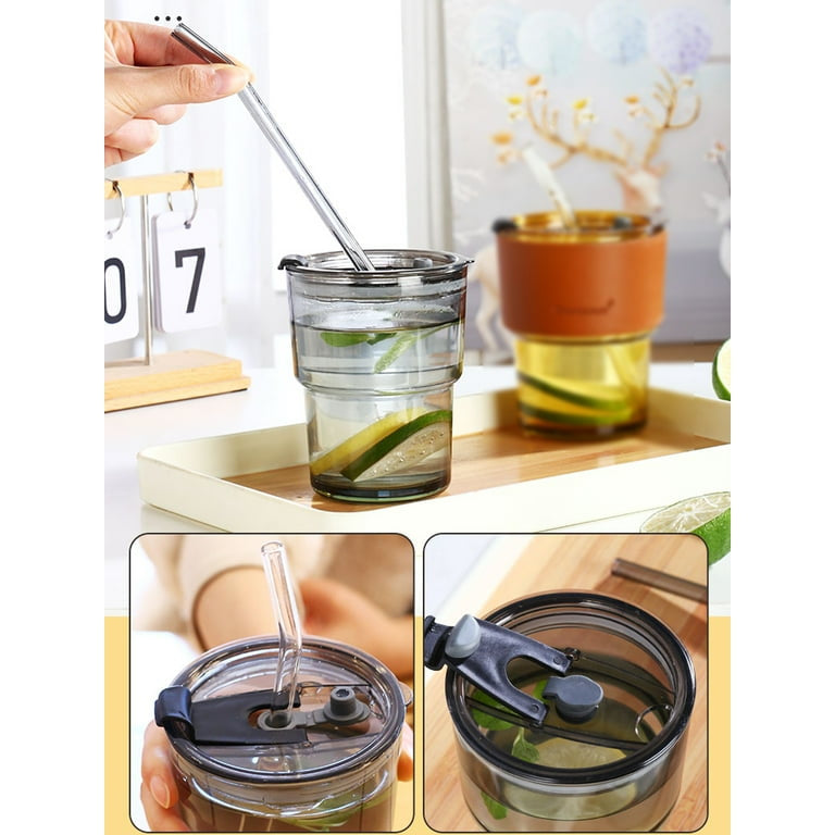 Glass Coffee Mug with Leather Sleeve, Silicone Lid & Clear Glass Straw, 400ml