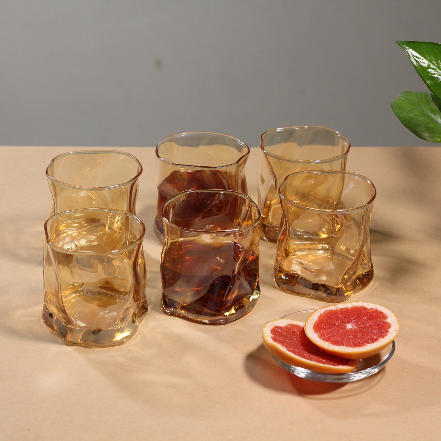 Crystal Water Wave Glass Set of 6 - Premium Lead-Free Crystal, Heavy-Duty Design, Perfect for Whiskey, Juice, Water, and More - Stylish Bar Set Addition - Amber, 300ml