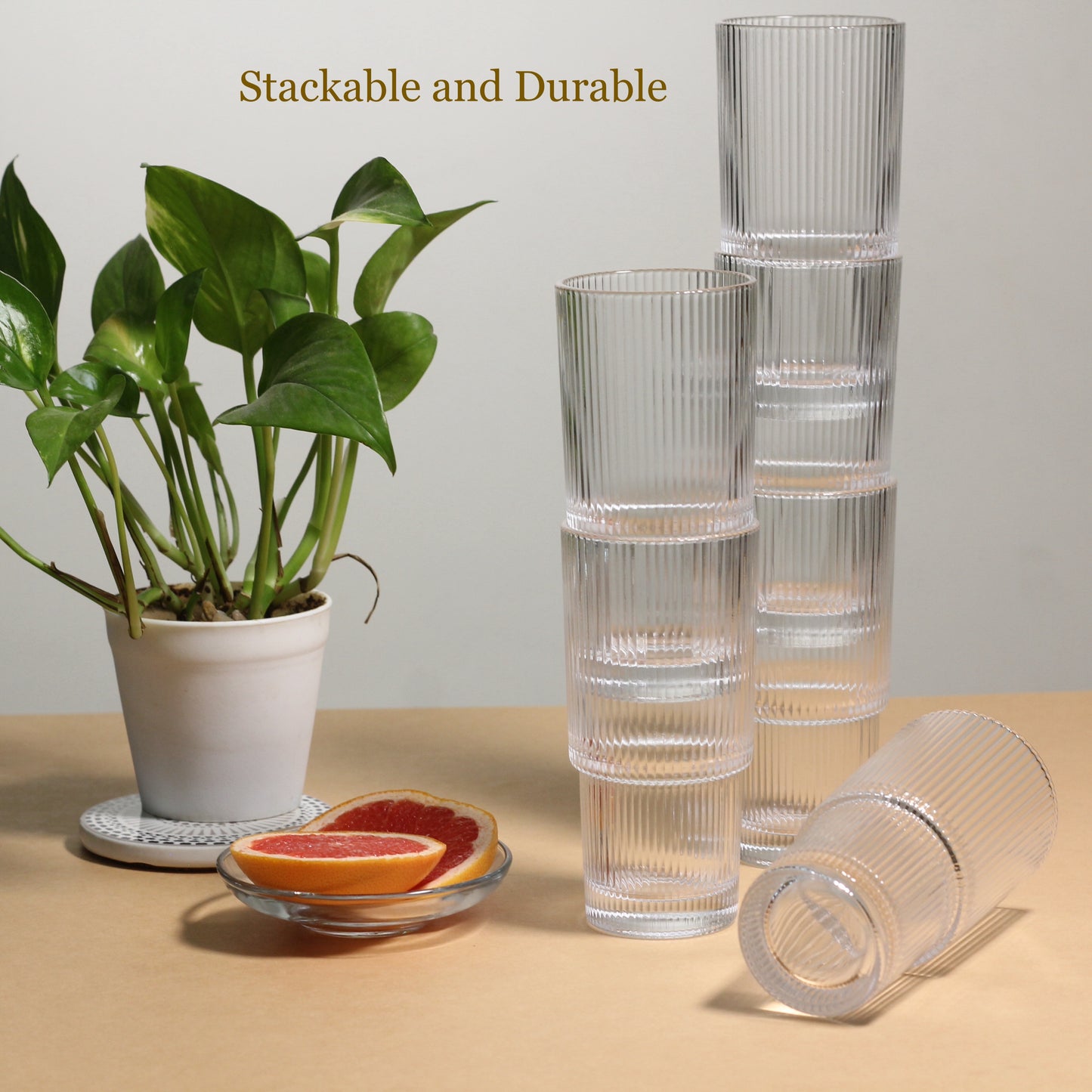 Ribbed Stackable Drinking Glasses - Set of 6 | Stylish, Space-Saving, and Durable | Perfect for Every Occasion