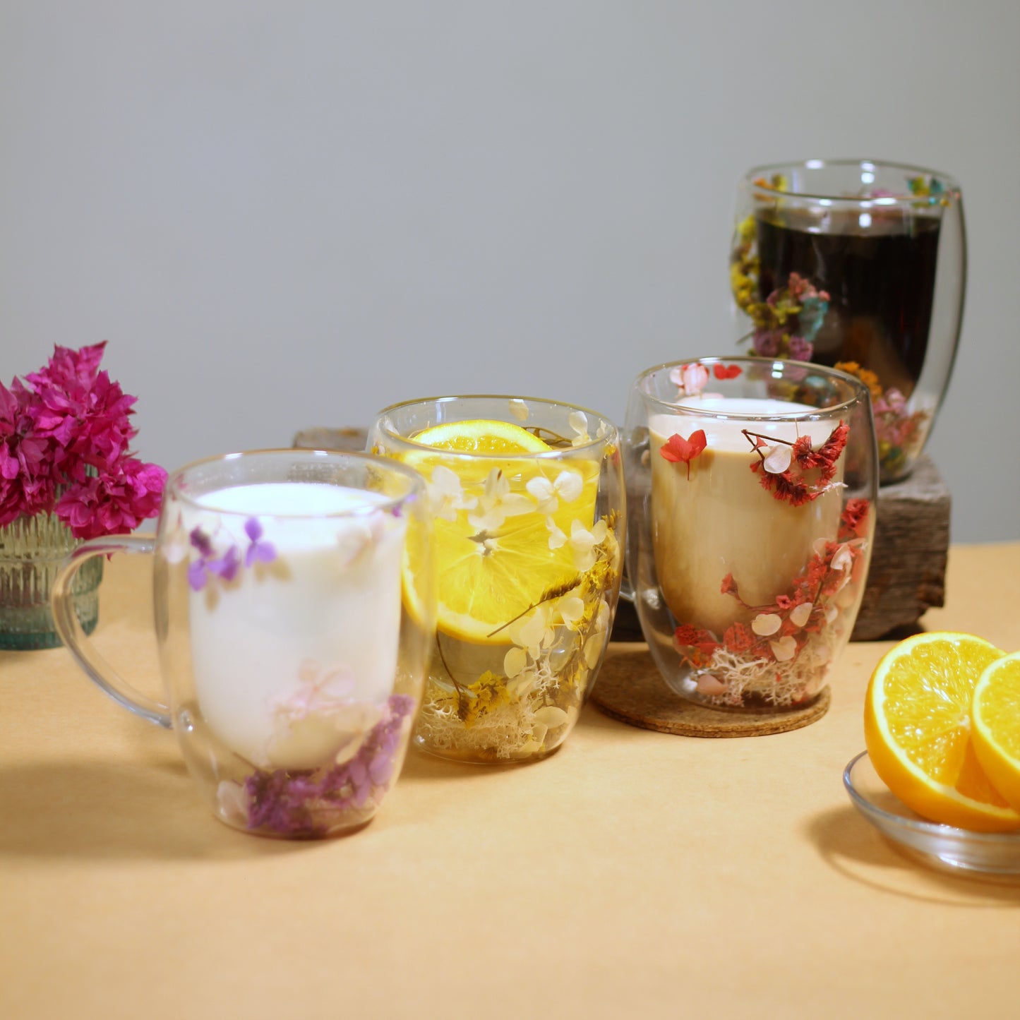 Double-Walled Glass Coffee Cup with Preserved Floating Flowers | Aesthetic Tea & Coffee Mug