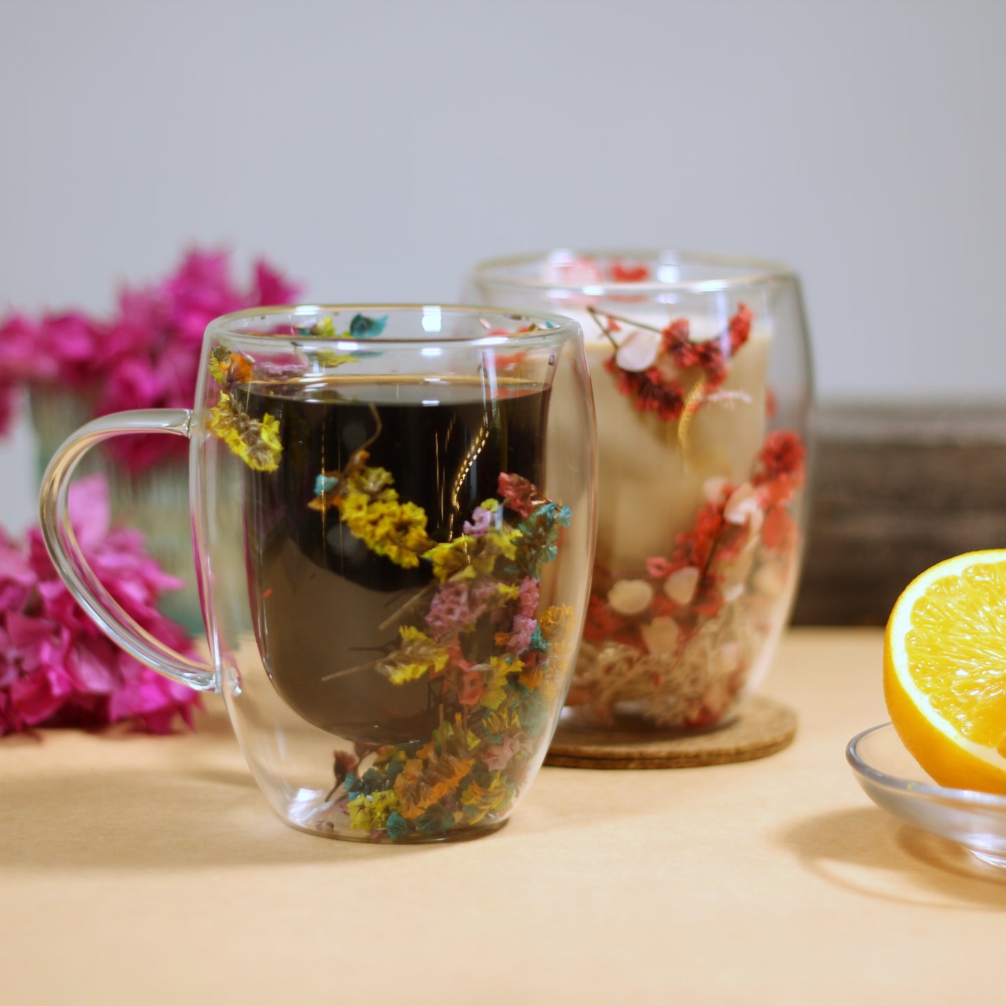 Double-Walled Glass Coffee Cup with Preserved Floating Flowers | Aesthetic Tea & Coffee Mug